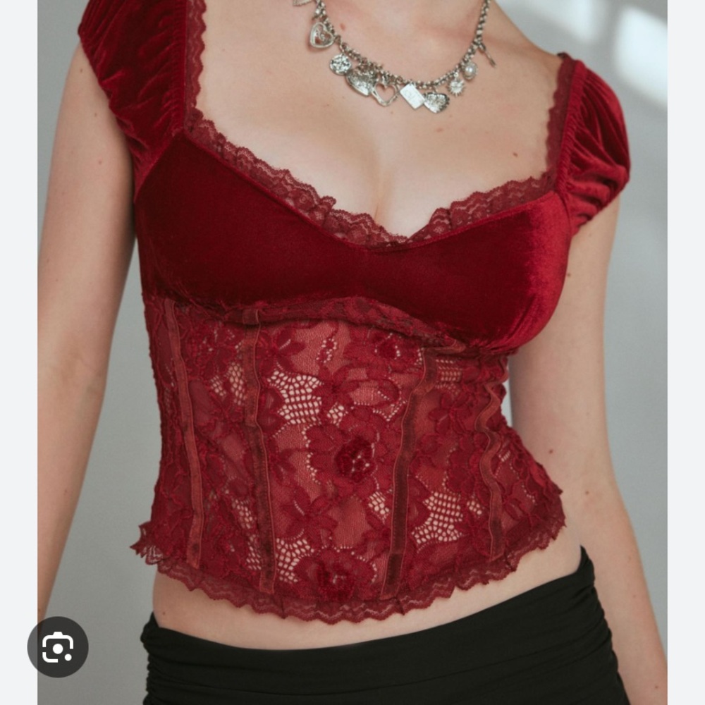 Kimchi Blue Elvira velvet + lace puff sleeve blouse